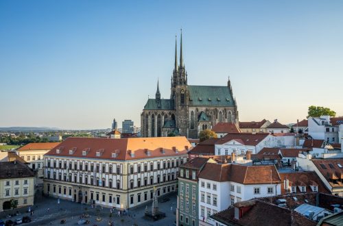 what to see in brno in one day: A stunning view of Brno showcasing its beautiful cathedral in the background.