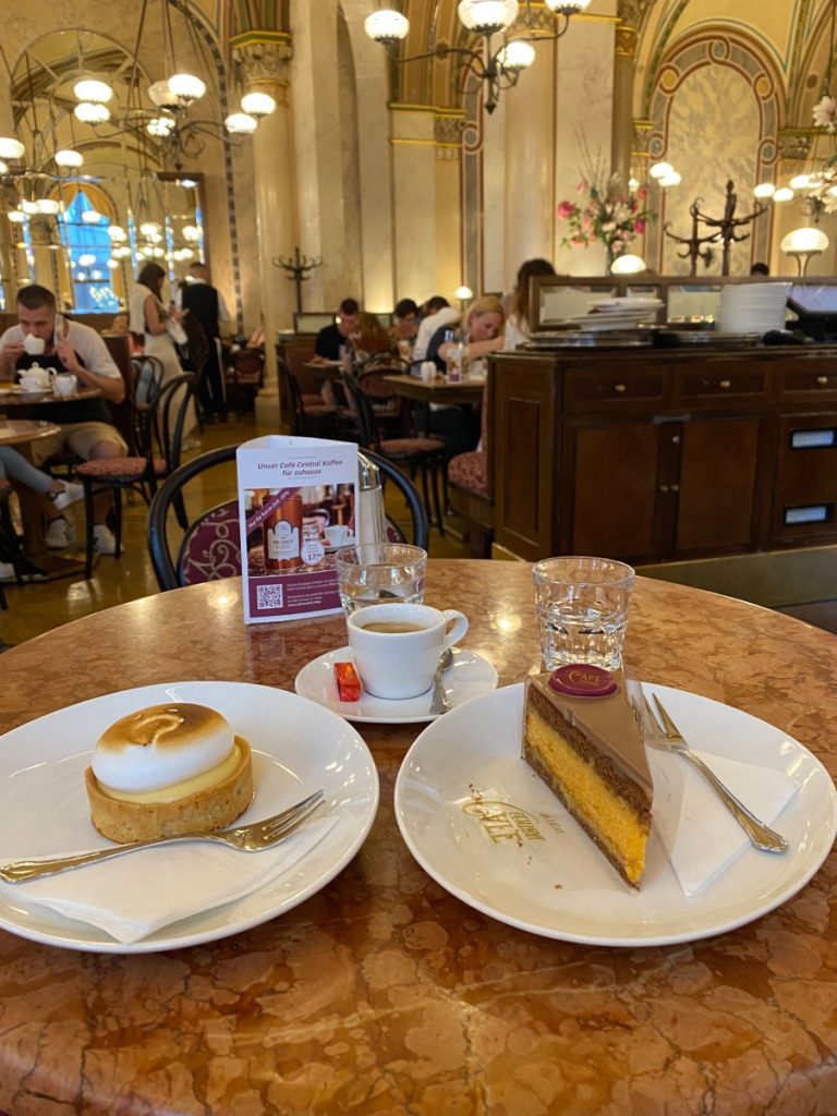 Two cakes at a table in the world-famous cafe central in Vienna