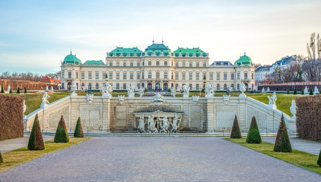 The garden in front of the Belvedere royal palace, vienna, austria.