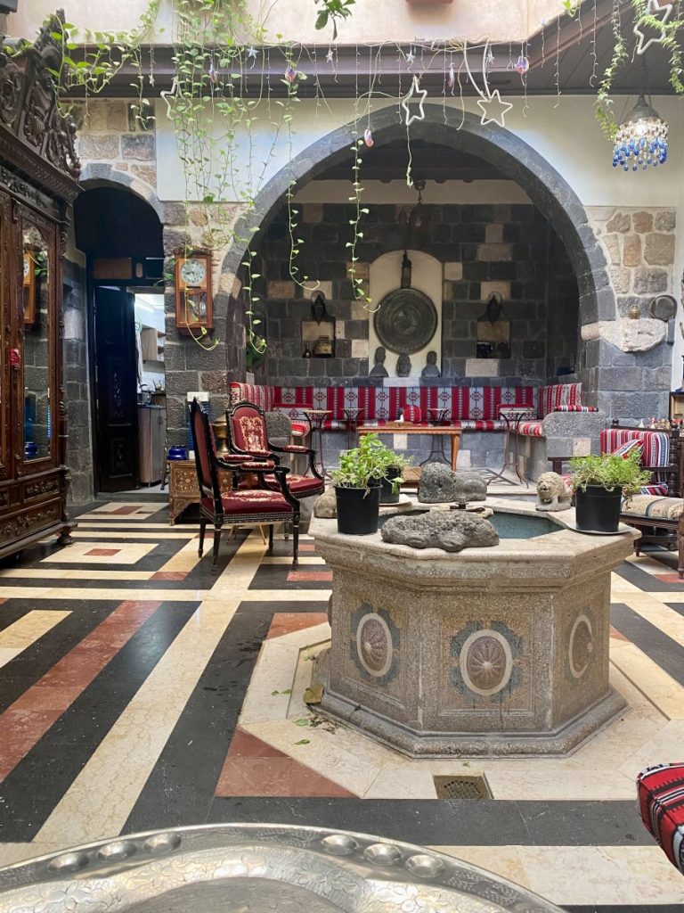 The interior of our Damascus hotel. There is a fountain in the middle of the 