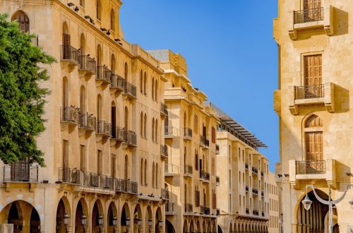 Old, yellow buildings in downtown Beirut