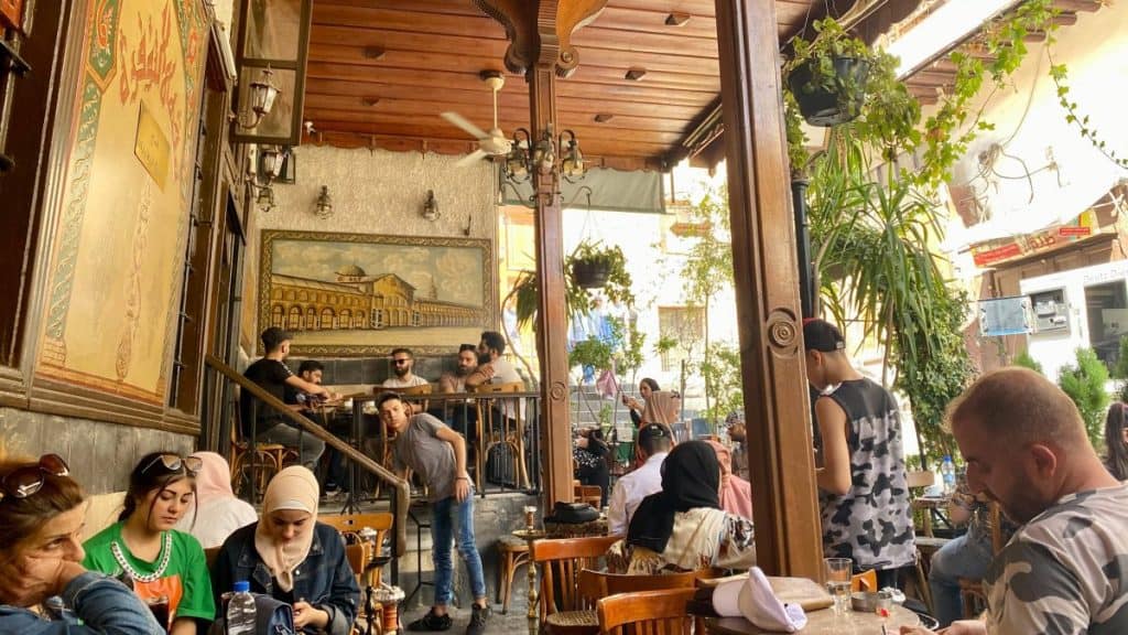 A coffee house in Damascus, Syria. Locals have gathered in this serene morning to enjoy their coffee