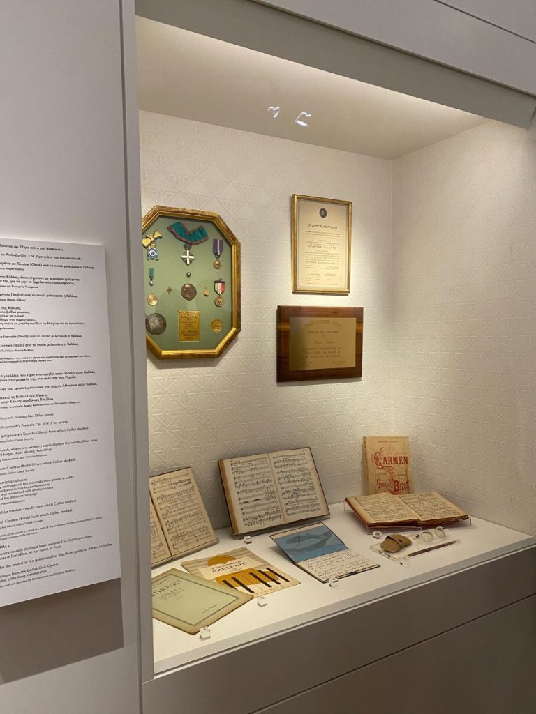 A display showing texts and notes written by Maria Callas