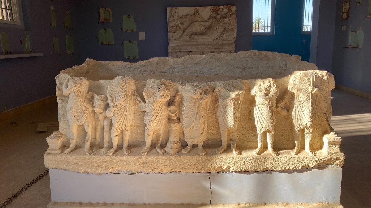 A collection of sculptures on display int he museum of Palmyra.