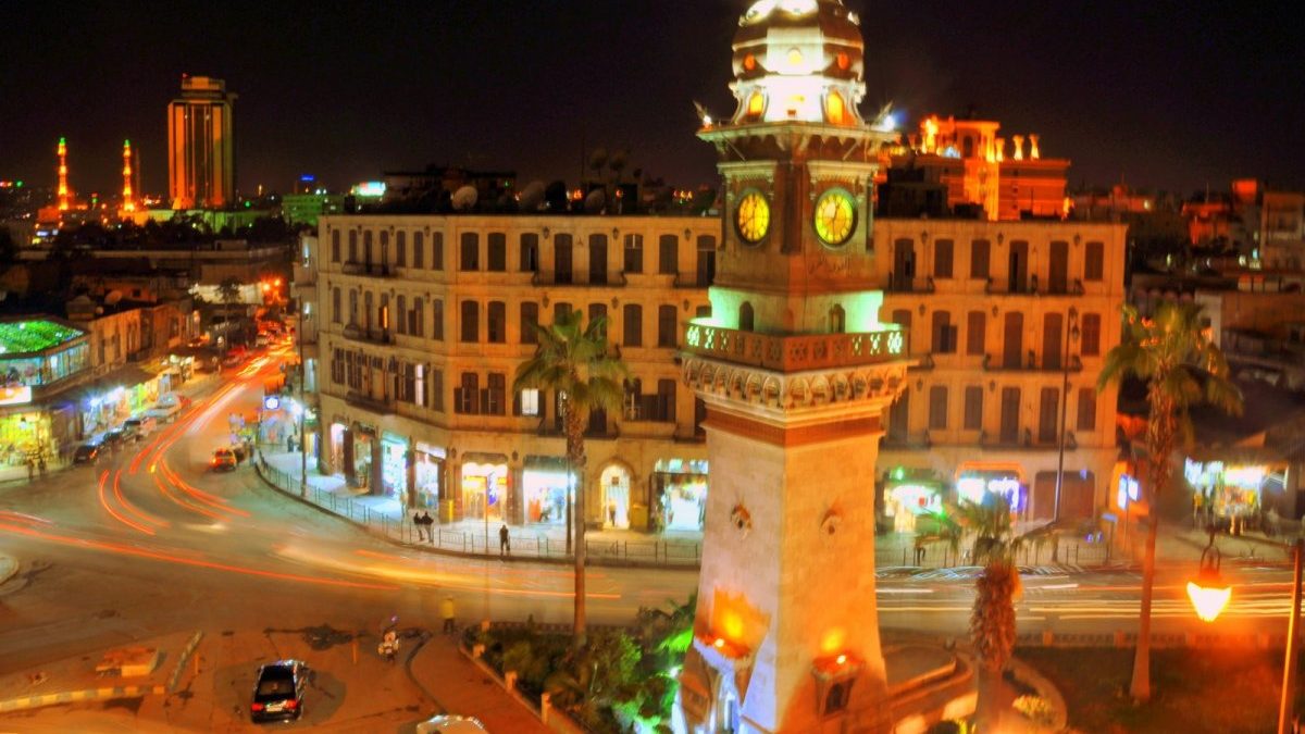 The Aleppo Clock tower, a monument famous, during the nighttime