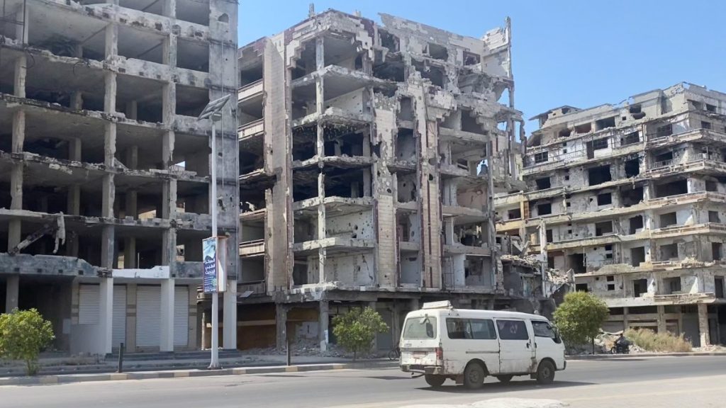 A few buildings in the center of the city of Homs, Syria. They are destroyed because they were caught in the crossfire