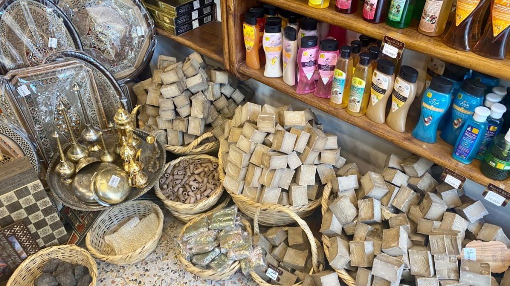 a bucket of Aleppo Soap, a traditional syrian produce, in a local shop