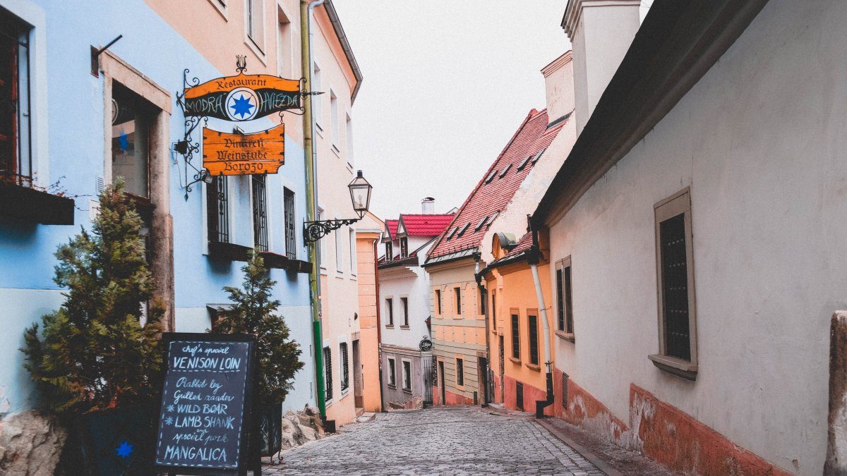 A cobblestone street in Bratislava, Slovakia. It is one of the many reasons to consider visiting Bratislava from Vienna