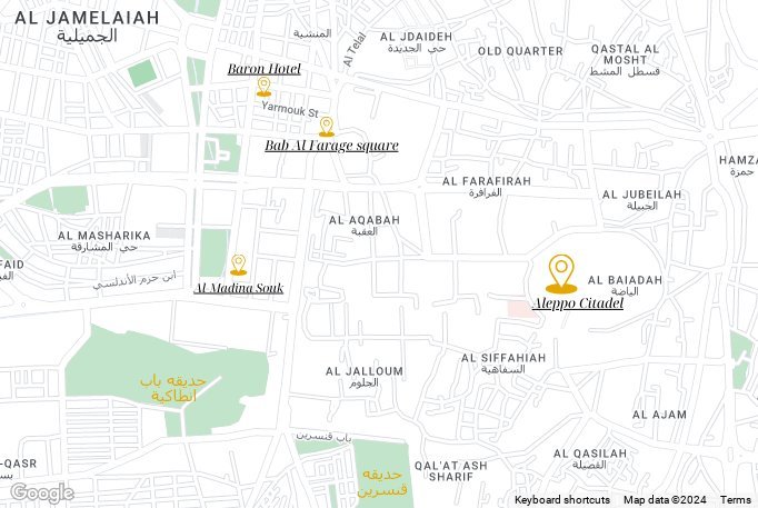 The Map of Aleppo, Syria, showing the most important sights that you have to visit when you travel to Aleppo