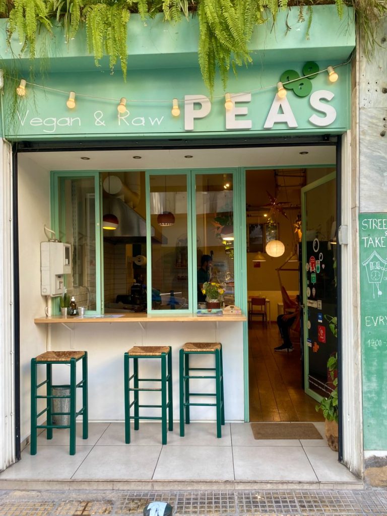 The outside of Peas Vegan & Raw Food, another one of my favorite vegan restaurants in Athens