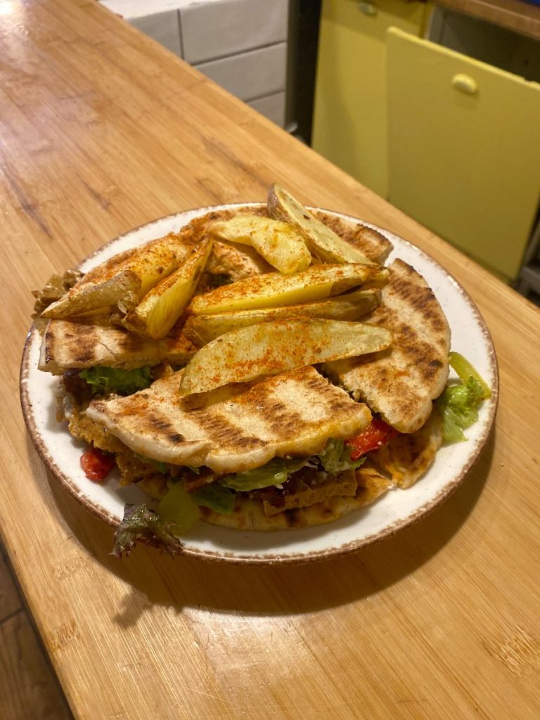 “Two Peas in a Pod”, a vegan edition of the traditional Greek  Skepasti. Greek Quesadilla, which typically includes gyros, potatoes, sauce, and vegetables between two pitas.