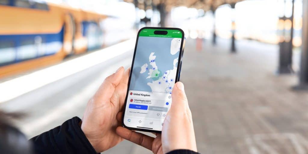 Someone using Nord VPN at the train station