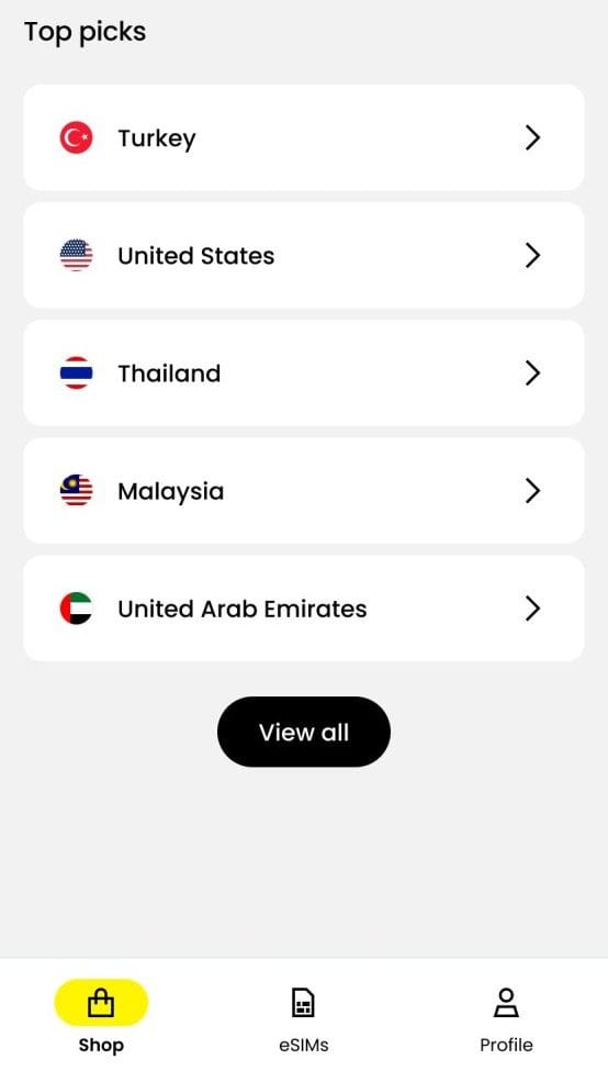An I-phone showing the Saily e-SIM menu