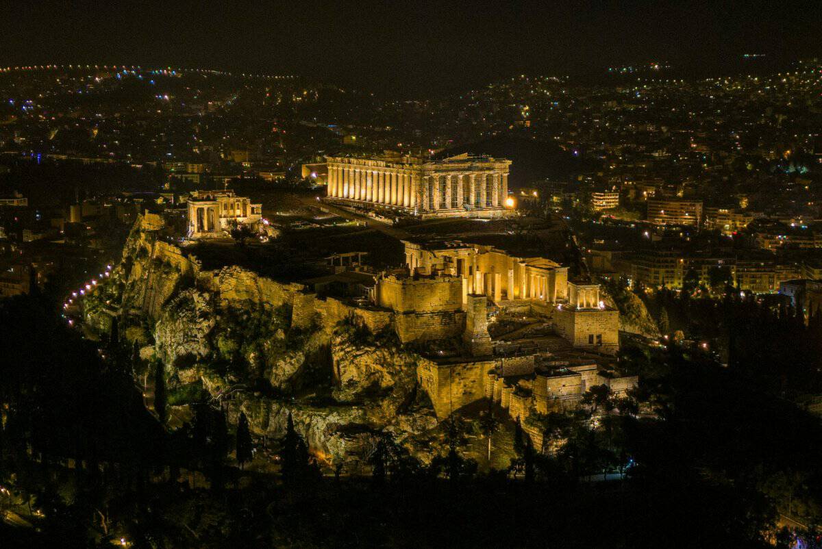 Nighttime views of the Acropolis in Athens