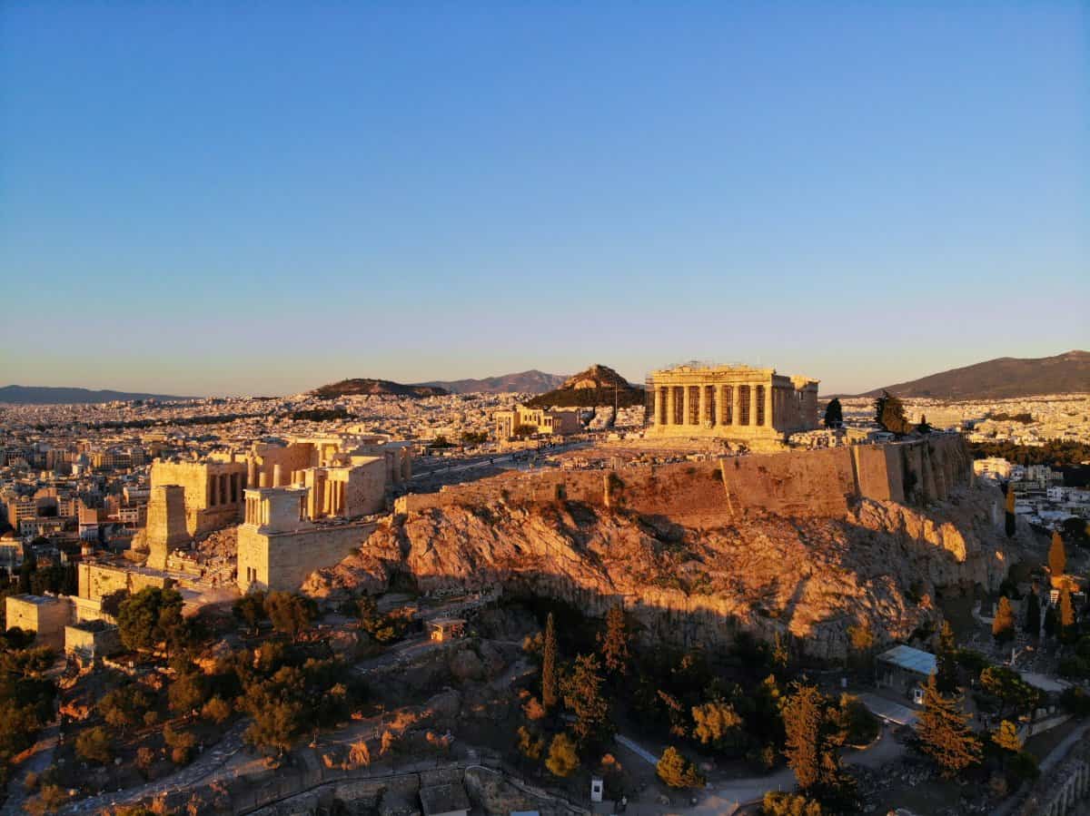 Aerial view of the Acropolis of Athens during afternoon.