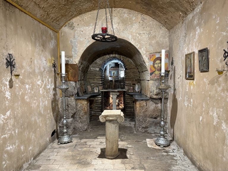 Small altar with religious icons and candles in the hidden catacombs under the holy trinity church. This is one of my favourite things to do in Athens