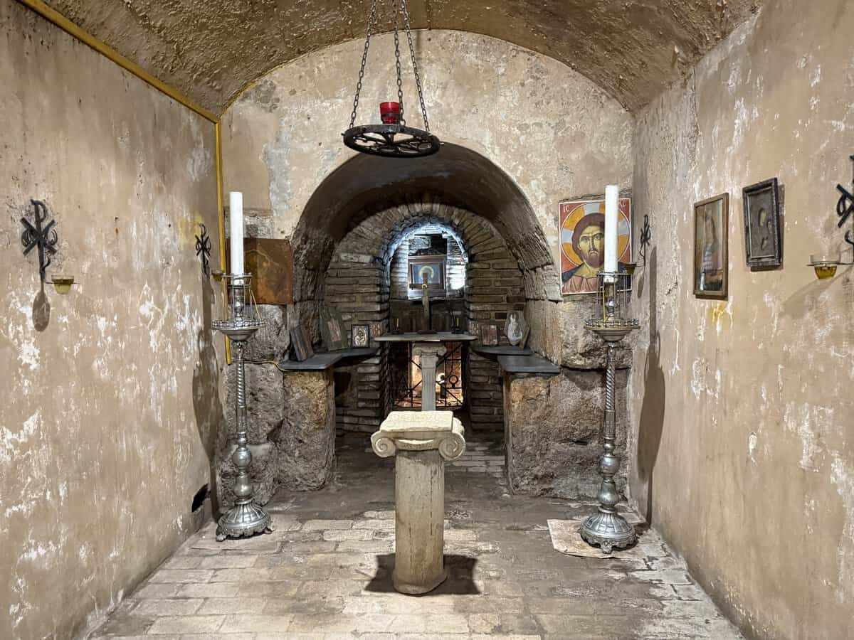 Small altar with religious icons and candles in the hidden catacombs under the holy trinity church. This is one of my favourite things to do in Athens
