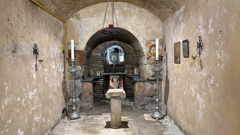 Small altar with religious icons and candles in the hidden catacombs under the holy trinity church. This is one of my favourite things to do in Athens