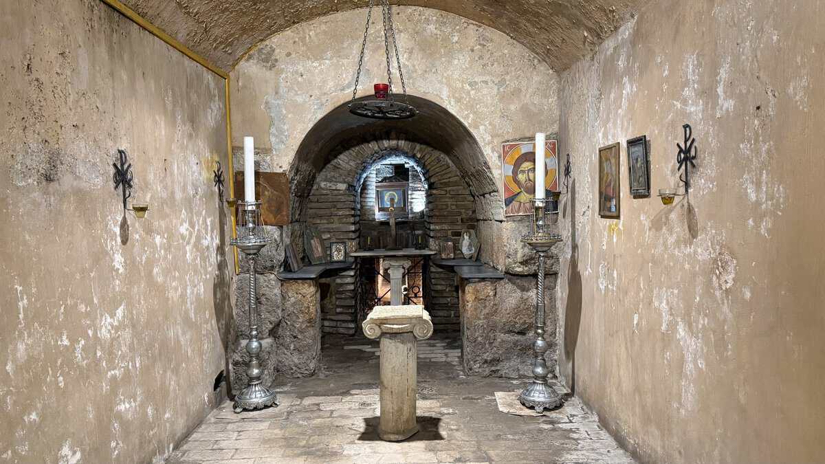 Small altar with religious icons and candles in the hidden catacombs under the holy trinity church. This is one of my favourite things to do in Athens