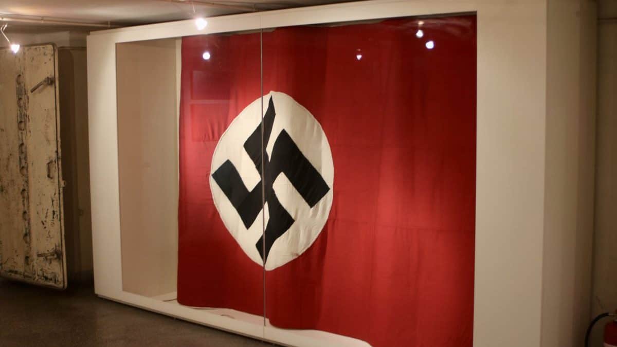 The nazi flag displayed inside the memorial site. It once flew on top of the building.