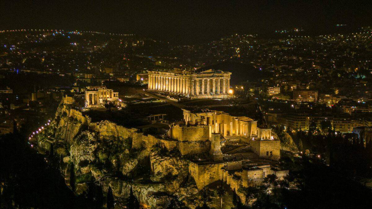 Nighttime views of the Acropolis in Athens
